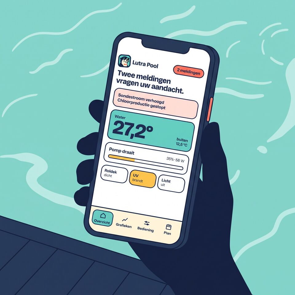 Getekend beeld van een telefoon met de Lutra Pool-app boven het water