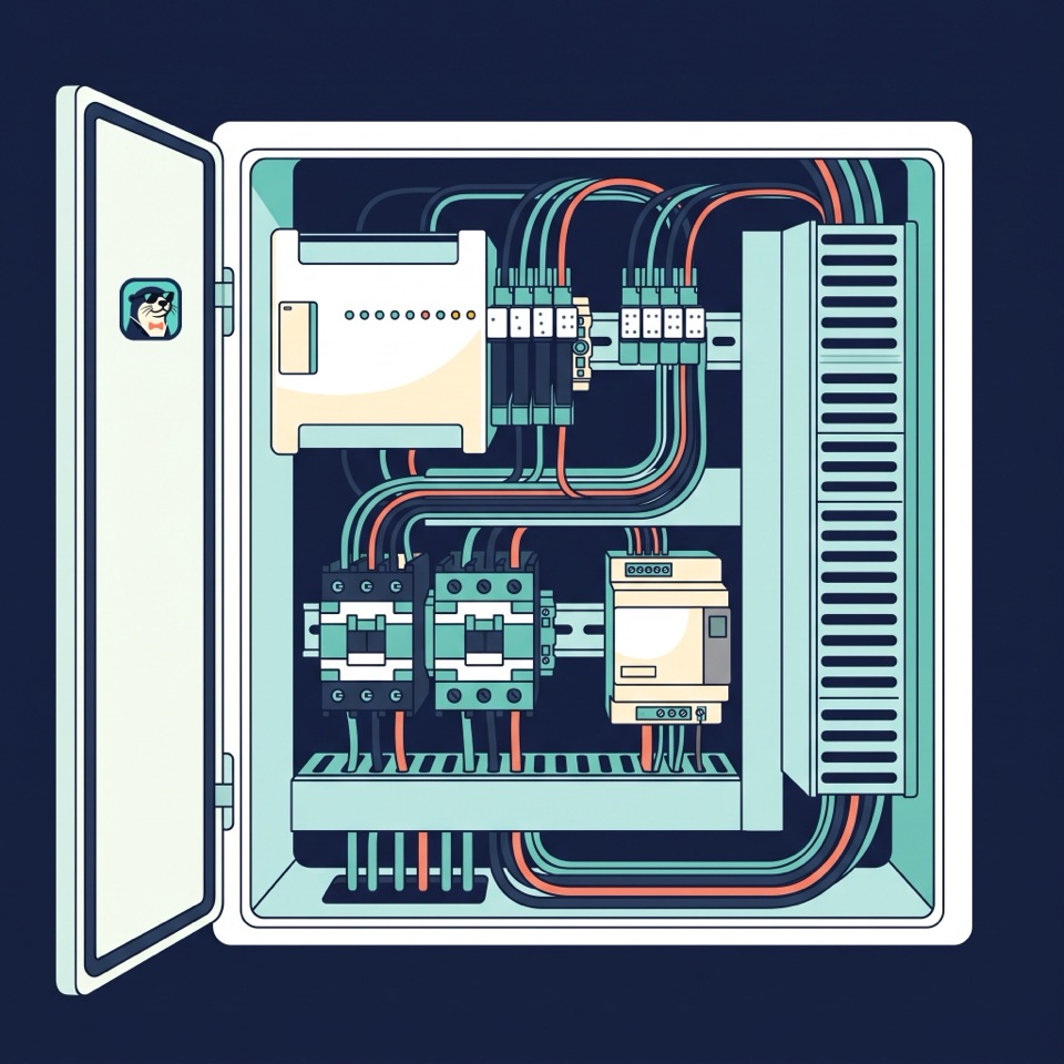 Getekend beeld van de voorbedrade Lutra Complete-kast met PLC, relais en magneetschakelaars