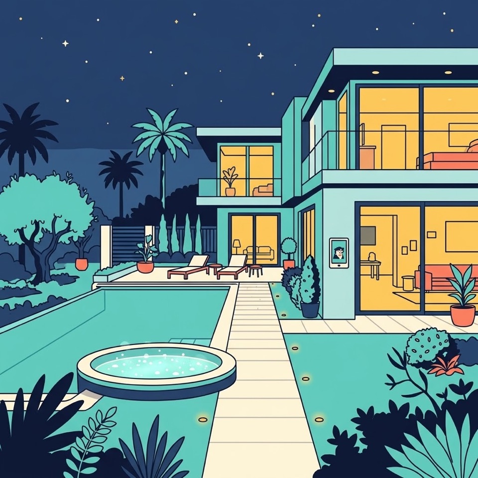 Getekend beeld van een villa in de avond met verlicht zwembad, spa en een bedieningspaneel met de Lutra Pool-app