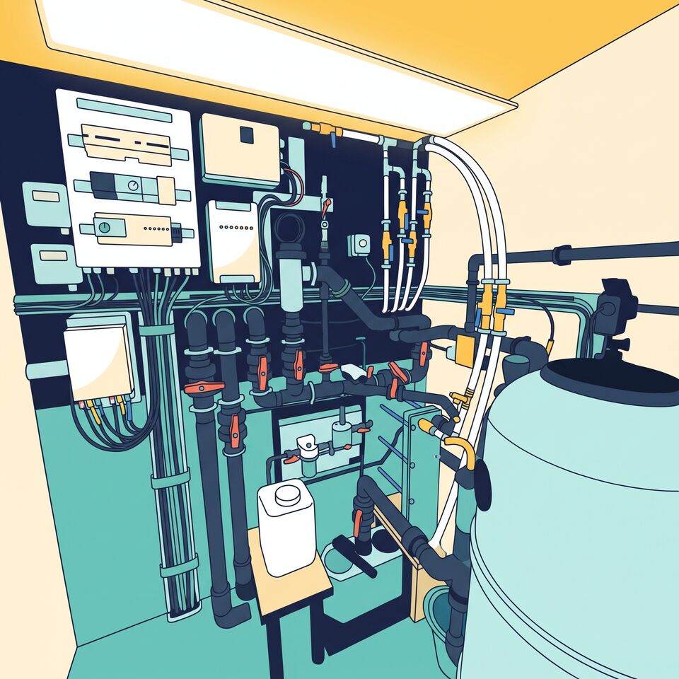 Getekend beeld van de techniekruimte van het referentiebad